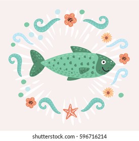 Vector illustration of simple funny cartoon flat green fish decorated by marine elements.