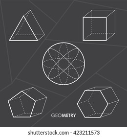 Vector illustration. Simple geometric figures: triangle, circle, square, pentagon and hexagon. Black modern background