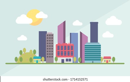 Vector illustration in simple geometric flat style. City landscape with buildings, hills and trees