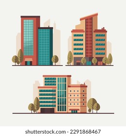 Vector illustration in simple geometric flat style. City landscape with buildings, offices, skyscrapers, business centers