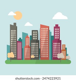 Ilustración vectorial en estilo plano geométrico simple. Paisaje urbano con edificios, colinas y árboles