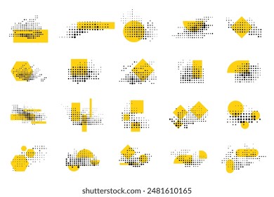Ilustración vectorial. Sencillos puntos geométricos de semitonos con Formas minimalistas amarillas. Paquete de Elementos de diseño planos punteados para póster, Anuncio de Web, anuncios, flyer, cubierta de libro, marco, Tarjeta de regalo, revista