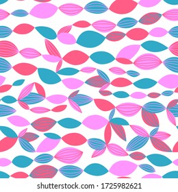 Ilustración vectorial de formas geométricas simples. Patrón de doodle sin foco de olas o peces. Ornamento colorido para envoltura, papel pintado, tarjeta, cubierta, afiche, banner. Verano, mar, líneas, formas, lindo