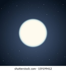 Vector illustration of simple glowing white moon on the dark night sky background full of stars.
