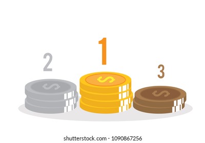 vector illustration simple Gold, Silver and Bronze trophy cup with coin dollar standing and first, second and third flat design 