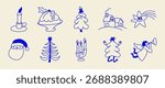 Vector illustration in simple hadn drawn style, in trendy playful whimsical quirky style, for Christmas and New Year prints, cards, banners, with funny and friendly mascot and character