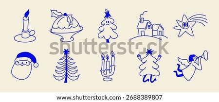 Vector illustration in simple hadn drawn style, in trendy playful whimsical quirky style, for Christmas and New Year prints, cards, banners, with funny and friendly mascot and character