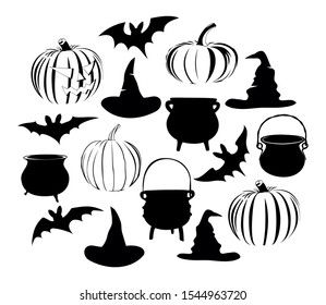 vector illustration of simple halloween icons/objects. Bats, hats ,pots and pumpkins 