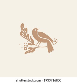 Vector illustration in simple hand drawn and linocut style - natural print, poster or logo design template - spring illustration - birds and flowers