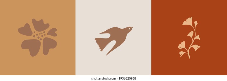 Vector illustration in simple hand drawn and linocut style - natural print, poster or logo design template - spring illustration - birds and flowers