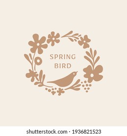 Vector illustration in simple hand drawn and linocut style - natural print, poster or logo design template - spring illustration - birds and flowers