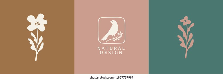 Vector illustration in simple hand drawn and linocut style - natural print, poster or logo design template - spring illustration - birds and flowers