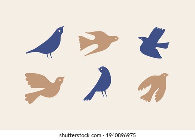 Vector illustration in simple hand drawn and linocut style - natural print, poster or logo design template - spring illustration - birds and flowers