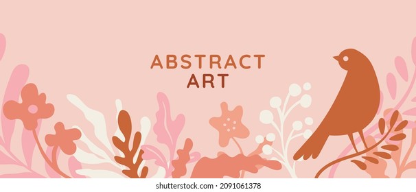 Vector illustration in simple hand drawn and linocut style - natural print, poster or logo design template - spring illustration - birds and flowers