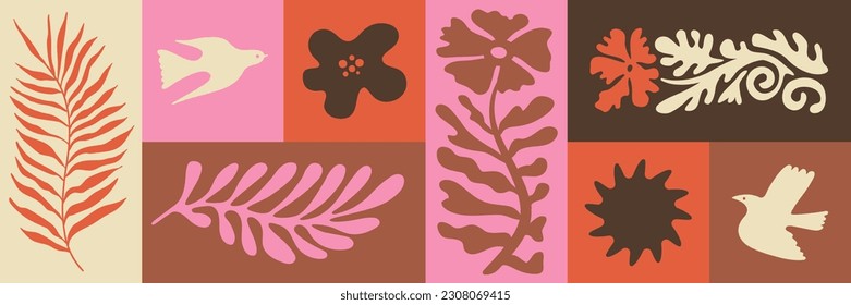 Vector illustration in simple hand drawn and linocut style - natural print, poster or logo design template - spring illustration - birds and flowers