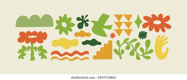 Ilustración vectorial en estilo simple dibujado a mano y linocut - estampado natural, póster o diseño de logotipo Plantilla - ilustración de primavera - pájaros y flores