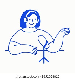 Vector illustration in simple hand drawn linear style with friendly mascots and characters for podcast cover, interview recording
