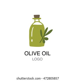 Vector illustration of a simple hand drawn bottle of olive oil with an olive branch. Rough sketch style logo. 