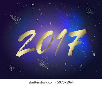 Vector illustration. Simple hand written date 2017 in gold color on blue background with gold geometry. Lettering. Calligraphy inscription.
