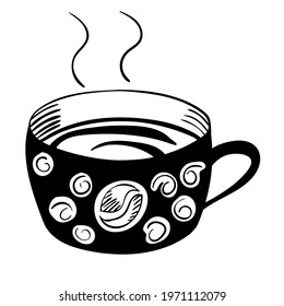 Vector illustration, simple hand-drawn cup with hot coffee black and white isolated doodle