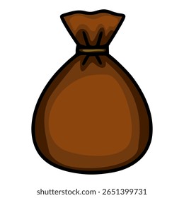 Ilustração vetorial de um saco marrom estilo simples, desenhado à mão, amarrado com uma corda fina, isolado em um fundo branco, perfeito para design de jogos ou livros infantis.