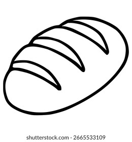A vector illustration of a simple, hand-drawn style loaf of bread with four distinct score lines, presented in a clean, minimalist black and white aesthetic.