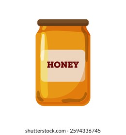 A vector illustration of a simple honey jar with a golden liquid and a detailed label, perfect for farm or artisanal packaging, isolated on a white background.