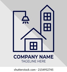 vector illustration of simple house, building and lamp logo with line and square style