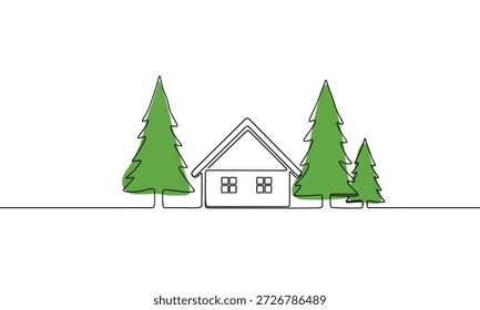 Vector illustration of a simple house surrounded by pine trees. Clean line art, flat design, graphic element, natural scenery.