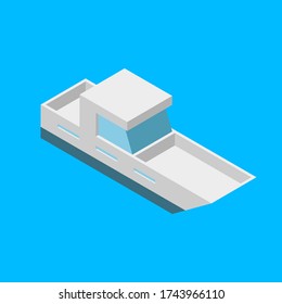 Vector illustration of simple isometric boat isolated on blue background. 3D style ship.