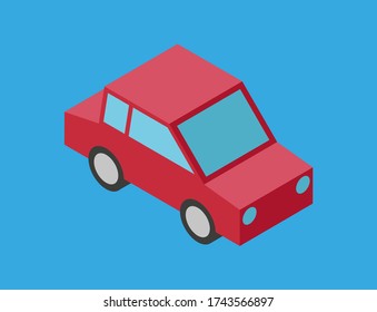 Ilustración vectorial de un auto isométrico simple aislado en fondo azul. Ilustración de coche de estilo 3D. Icono simple de coche rojo. Símbolo de dibujos animados del automóvil.
