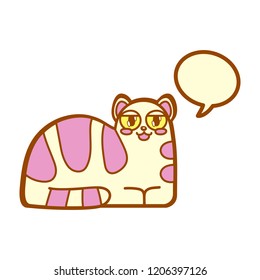 Vector illustration, simple kawaii cat in pastel pleasant colors with the speech bubble for your text. Line style. Applicable for funny greeting cards, stickers, t-shirt prints, banners etc.