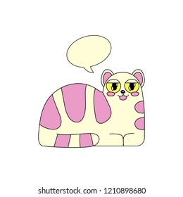 Vector illustration, simple kawaii cat in pastel pleasant colors with the speech bubble for your text. Line style. Applicable for funny greeting cards, stickers, t-shirt prints, banners etc.