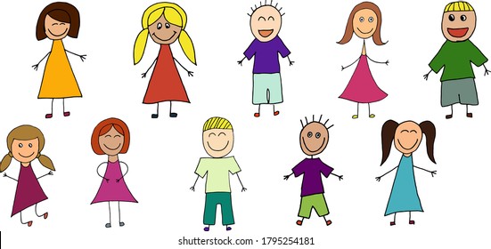 Vector illustration, simple kids set, multicolored boys and girls, doodling for paper design, fabric, interior