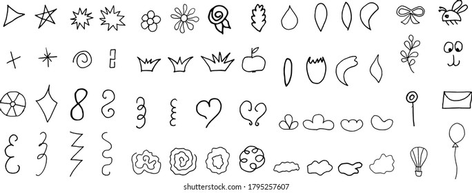 Vector illustration, simple kids set of elements, contours, doodling for paper, fabric, interior design