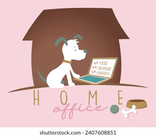 Vector illustration in a simple, laid-back style of a dog in a home office situation.