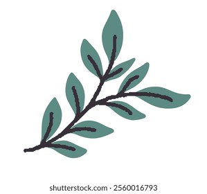 A vector illustration of a simple leafy branch in a minimalistic style, isolated on a white background. Ideal for natural or botanical-themed designs.