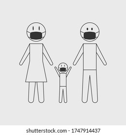 Vector illustration with a simple line art style, a small family icon using a mask in a corona pandemic.