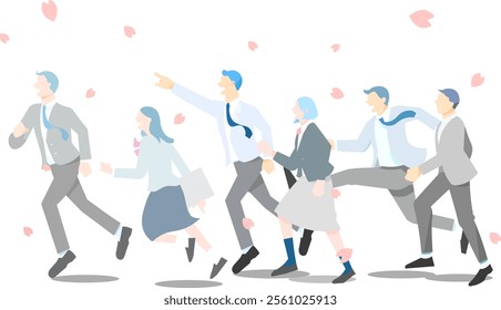 Vector illustration of a simple line drawing of a male and female student running with cherry blossoms - profile - full body - graduation