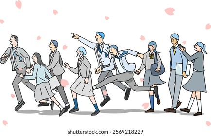 Vector illustration of a simple line drawing of a male and female student walking and running with cherry blossoms  profile full body graduation - person vector illustration