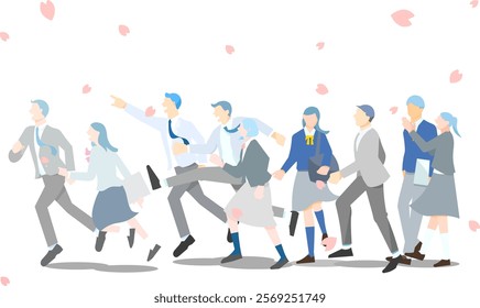 Vector illustration of a simple line drawing of a male and female student walking and running with cherry blossoms - profile - full body - graduation