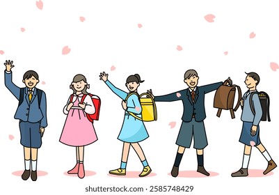 Vector illustration of a simple line drawing of a child walking with cherry blossoms - full body - elementary school students graduating and entering school.