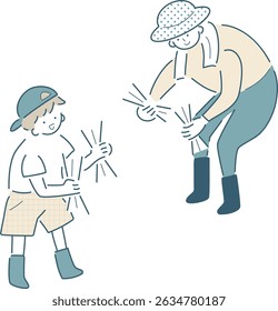 Vector illustration of a simple line drawing of a parent and child planting rice