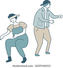Vector illustration of simple line drawing of people working in a fishing port