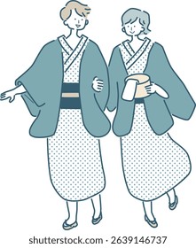 Vector illustration of a simple line drawing of a couple in yukata