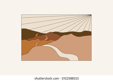 Vector illustration in simple line style - boho abstract print - simple natural landscape with mountains and hills