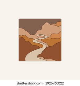 Vector illustration in simple line style - boho abstract print - simple natural landscape with mountains and hills