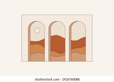 Vector illustration in simple line style - boho abstract print - simple natural landscape with mountains and hills
