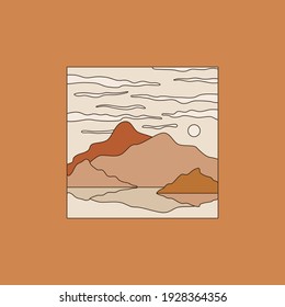 Vector Illustration In Simple Line Style - Boho Abstract Print - Simple Natural Landscape With Mountains And Hills