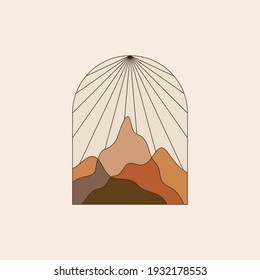 Ilustración vectorial en línea simple - impresión boho abstracta - paisaje natural simple con montañas y colinas